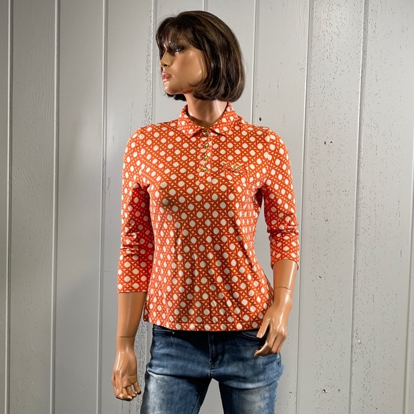 *Talbots women’s Orange Geometry Print collared Shirt Sz MP - Picture 9 of 12